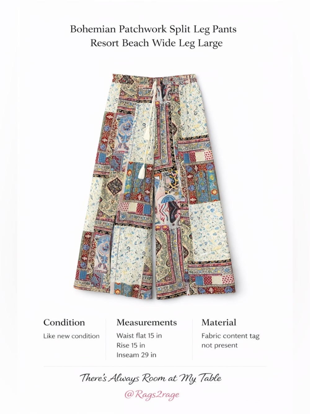 Boho Patchwork Split Leg Palazzo Pants Large Wide Leg Resort Festival - Picture 2 of 4